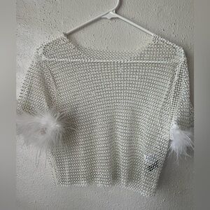 Windsor White Mesh Rhinestone Crop Top w/ Feather Trim Sleeves – Size M